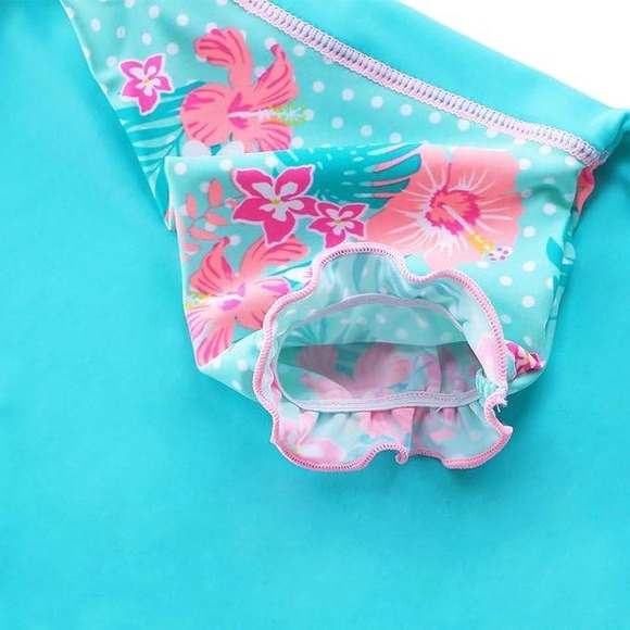 Girls Rash Guard Swimsuit Set UPF 50+ Floral Aqua Blue Kids Size 8 - Picture 10 of 11
